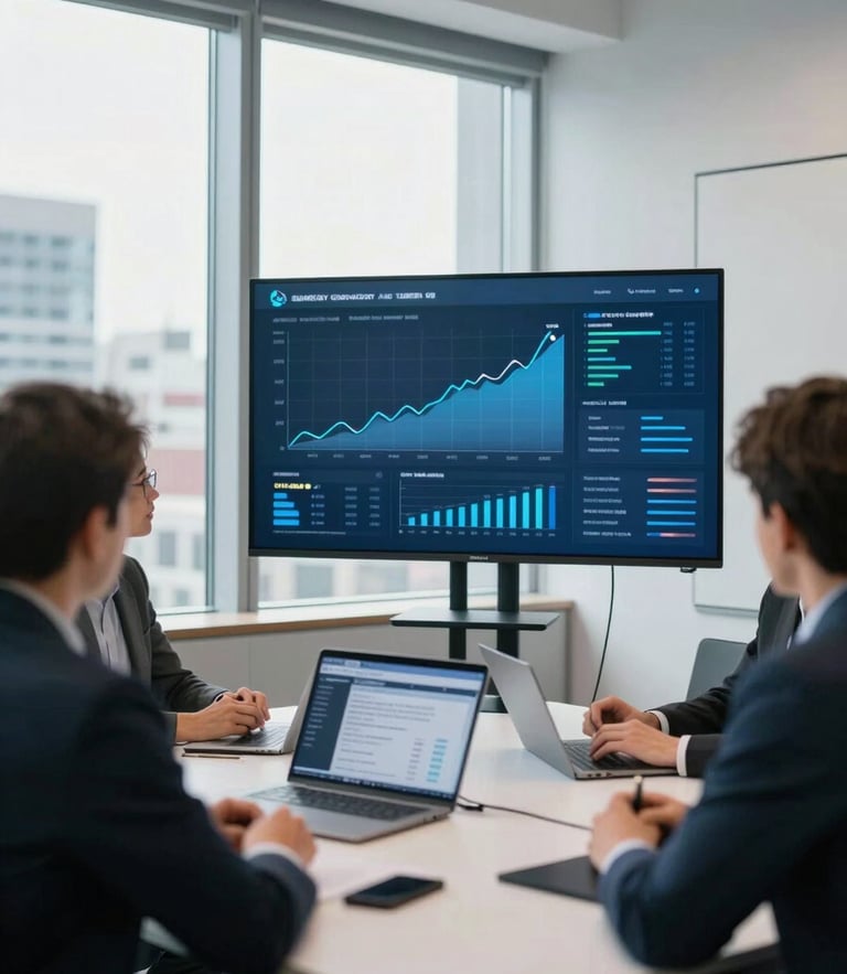 A professional collaborative meeting in a bright, modern Montreal office, natural window light reflecting on a digital dashboard with positive growth metrics, cool blue and slate tones, 35mm photography