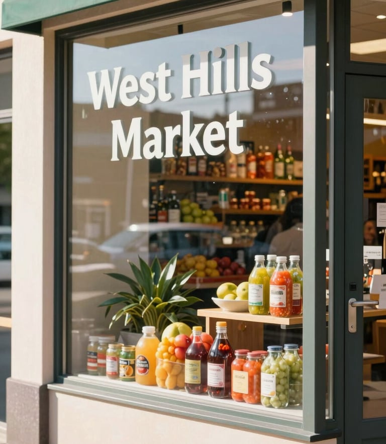 Bright sunlit storefront view of West Hills Market, warm natural daylight, colorful local products visible through the clean glass window, shallow depth of field