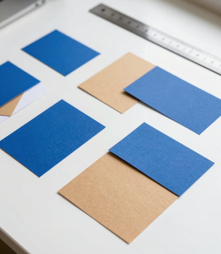 Portrait-oriented flat lay of tactile design artifacts, paper swatches, and a metal ruler on a clean white desk, bright natural daylight, crisp blue accents
