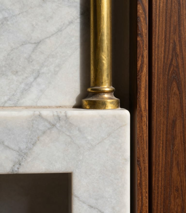 Portrait framing, extreme close-up detail of honed Arabescato marble meeting patinated unlacquered brass and deep walnut wood, sharp authentic shadows from natural daylight, highlighting precise material intersections.