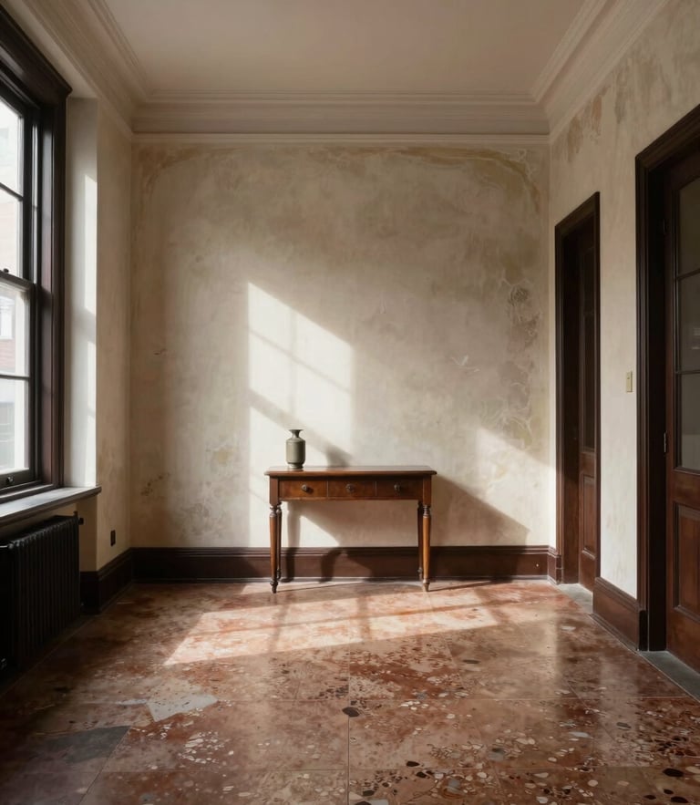 Straight-on architectural shot of a historic brownstone living room, warm travertine floors meeting original restored plaster walls, natural directional daylight casting sharp shadows.