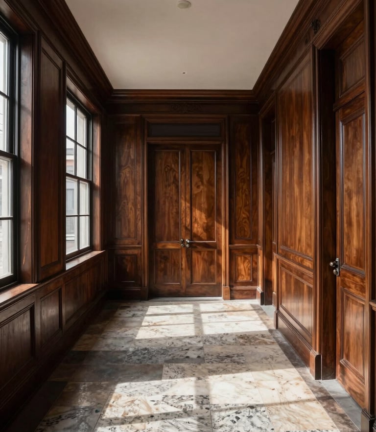 Straight-on architectural one-point perspective of a historic brownstone parlor room, natural daylight casting sharp shadows on deep walnut millwork and travertine stone floor.