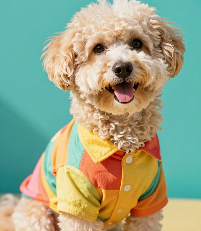 A joyful fluffy dog wearing a vibrant, colorful handmade shirt, eye-level bright editorial pet photography, warm natural daylight, vibrant teal background