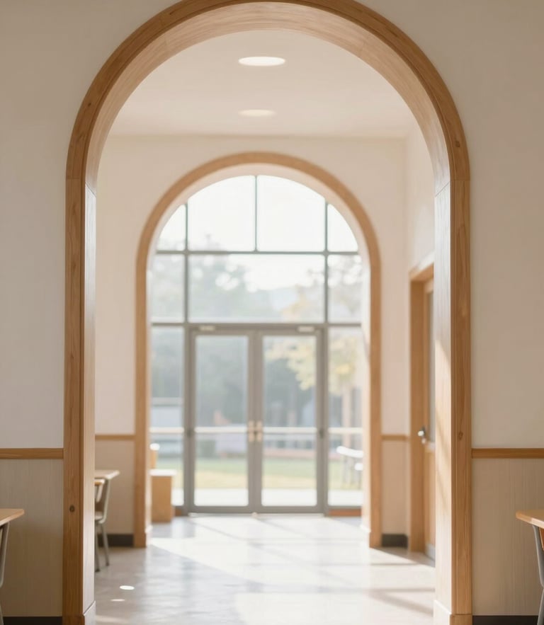 A bright sunlit modern school corridor with classic wooden arches, soft morning light, premium editorial photography, shallow depth of field, 35mm