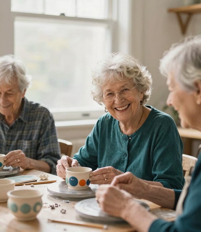 Warm natural light streaming through a window onto seniors laughing while working on a colorful ceramic craft project, shallow depth of field.