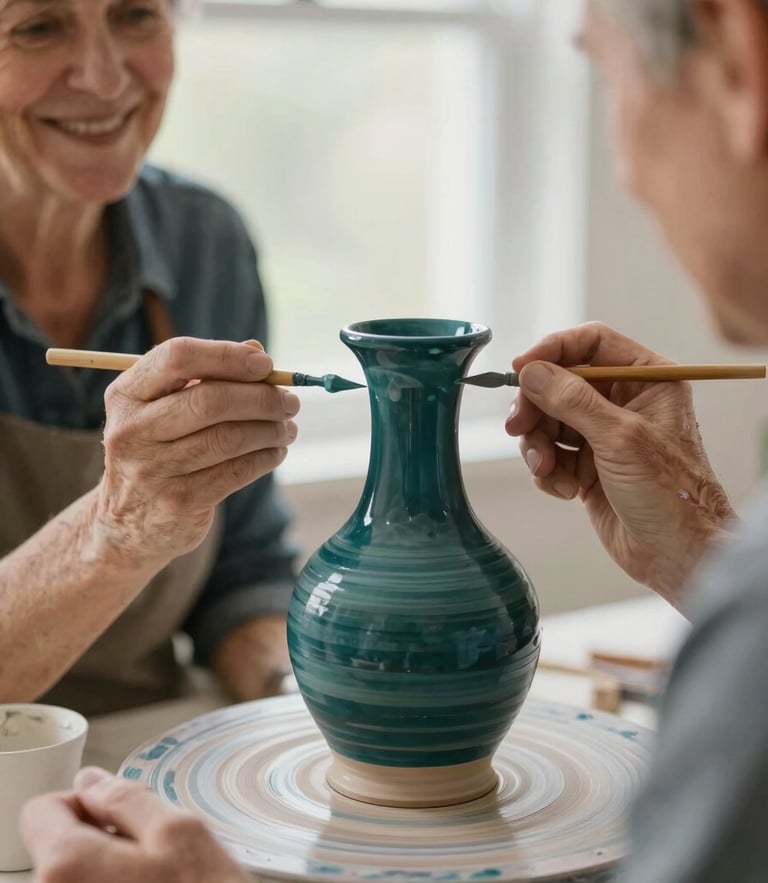 Warm close-up of an older participant smiling while painting a ceramic vase, natural window light illuminating the table, soft focus.