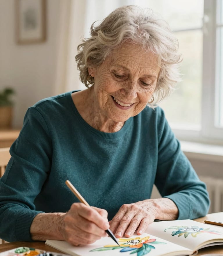 Warm editorial photography of an elderly woman smiling warmly as she works on a colorful watercolor painting, soft natural window light, shallow depth of field, authentic cream and deep teal tones.