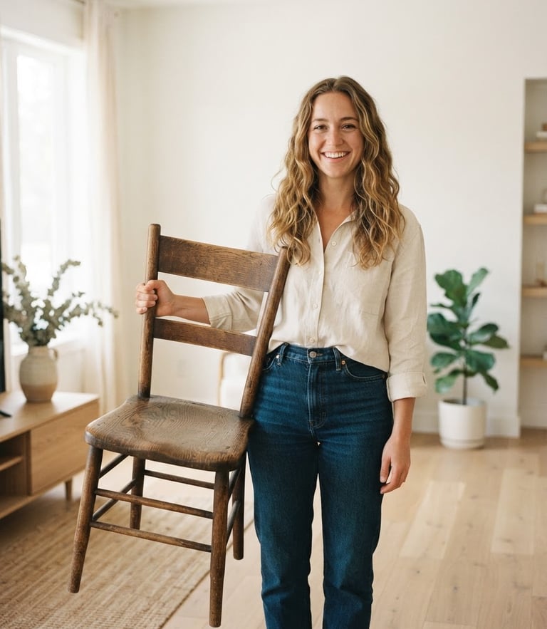 Medium shot of a young woman smiling honestly, holding a vintage wooden chair in a sunlit, clean minimalist living room, soft natural daylight, neutral domestic background, realistic textures, 35mm