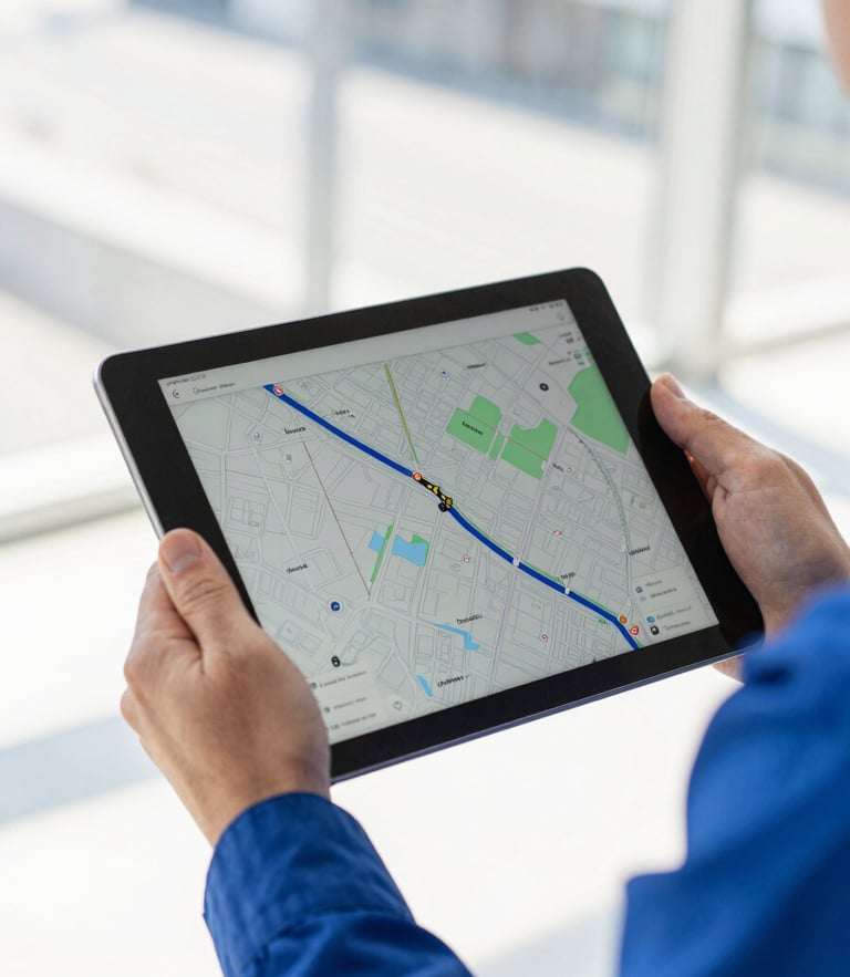 A close-up of a technician's hand holding a digital tablet displaying a live map route, bright daylight, sharp focus, crisp blue uniform sleeve visible.