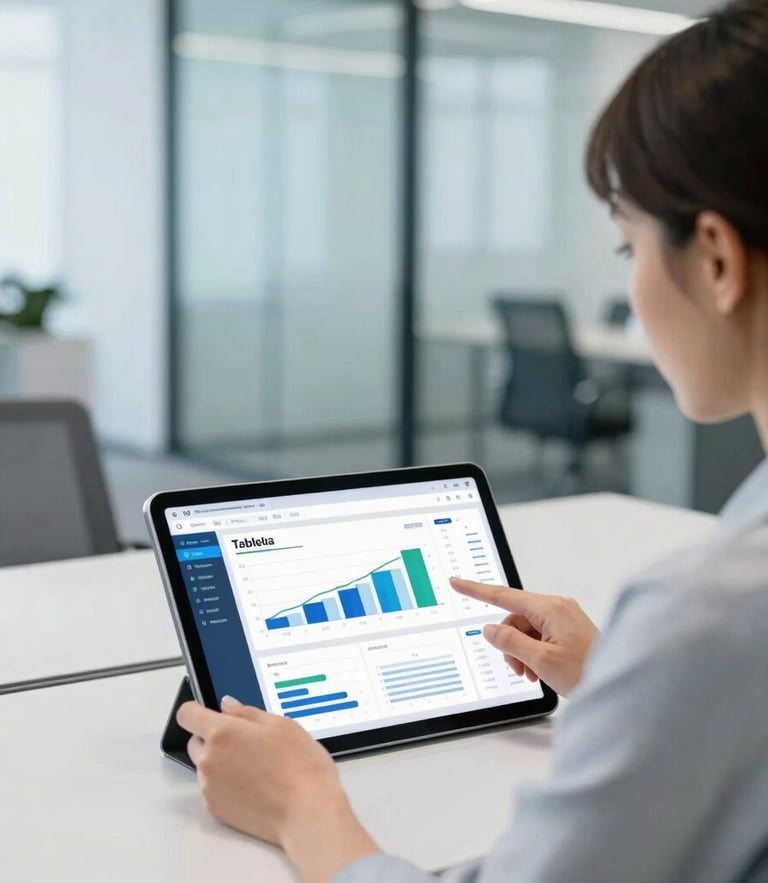 Over-the-shoulder shot of a female executive analyzing a clean corporate Tableau dashboard on a tablet, bright natural office light, modern glass walls, cool blue tones