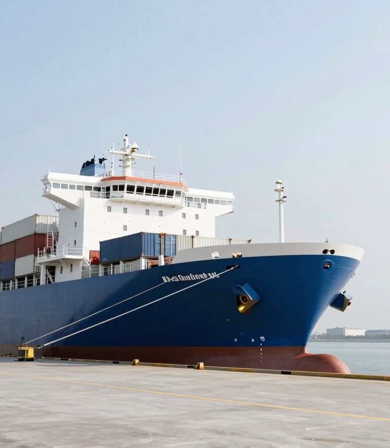 A wide environmental shot of a modern cargo ship docked at a clean logistics hub, bright neutral daylight, clean blue and white tones, sharp focus.