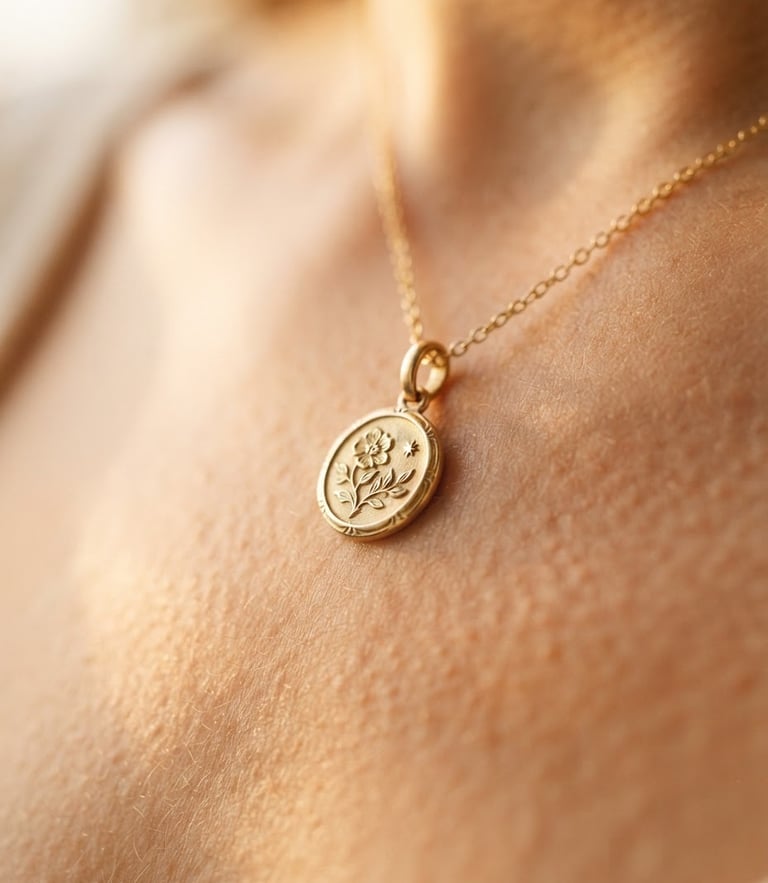 Extreme macro close-up of a delicate gold pendant catching soft golden-hour light on warm skin, shallow depth of field, creamy ivory background.