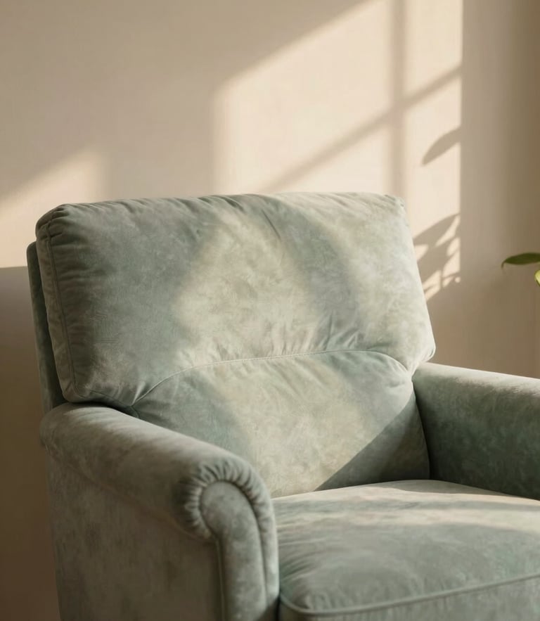 A comfortable armchair bathed in soft morning light, leaf shadows on a warm sand-colored wall, shallow depth of field, 35mm