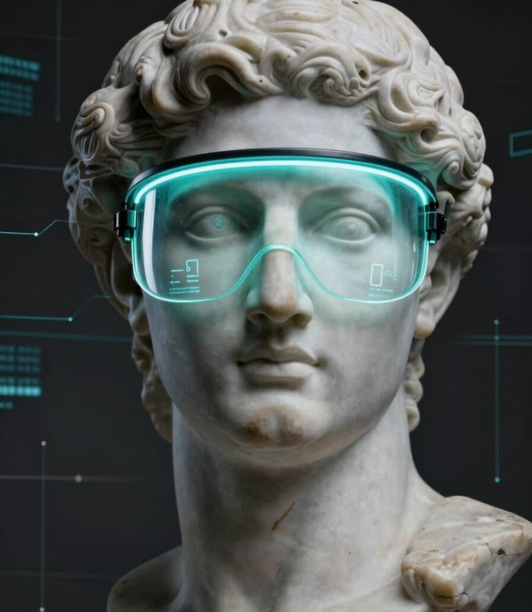 A classical marble head with a glowing neon visor projecting data streams, surrounded by subtle digital grid lines, dark synthwave aesthetic.