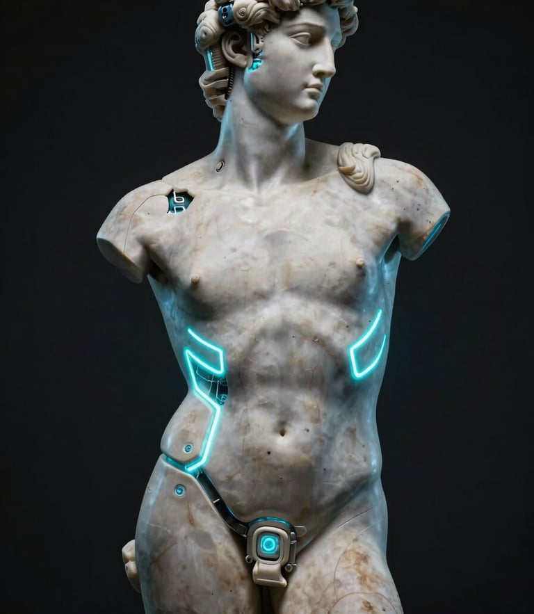 Medium shot of a classical marble torso integrated with glowing cybernetic implants and mechanical arms, illuminated by cyan neon lights against a deep obsidian background.