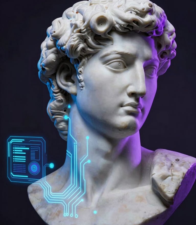 Dramatic close-up of a white marble Greek bust fused with glowing neon-blue circuits and holographic UI panels, dark-room chiaroscuro, neon purple rim light.