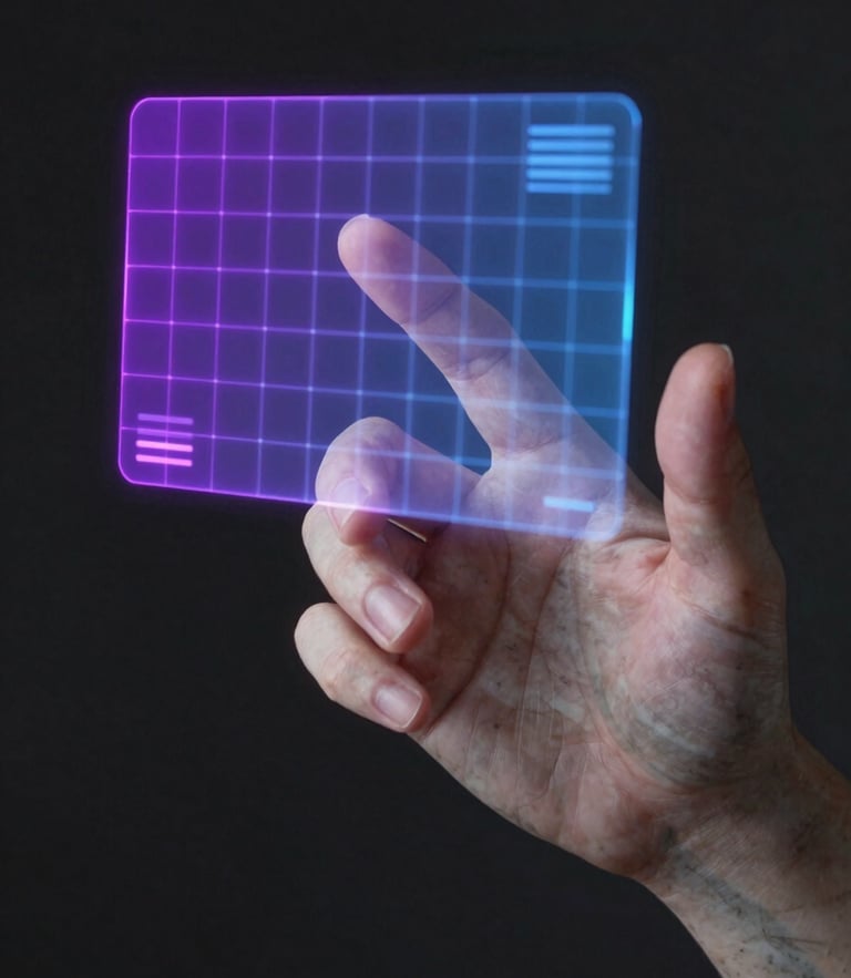 Close-up of a marble hand reaching toward a floating holographic interface grid, glowing purple and blue neon reflections, dark cinematic lighting.
