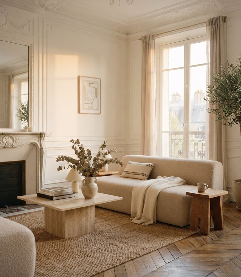 Warm editorial interior photography, soft natural golden-hour light illuminating a high-ceilinged Parisian apartment with delicate stucco details, minimalist furniture in neutral tones, 35mm.