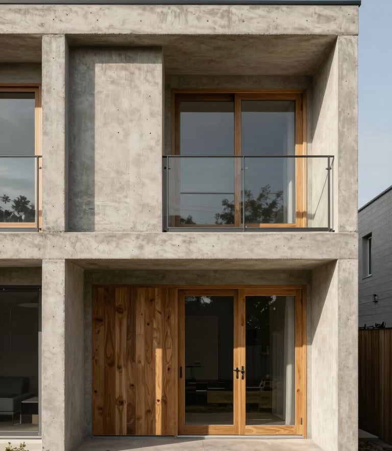 Straight-on architectural elevation of a concrete and timber residential build, natural side-lighting casting sharp shadows, warm neutral tones, 35mm lens