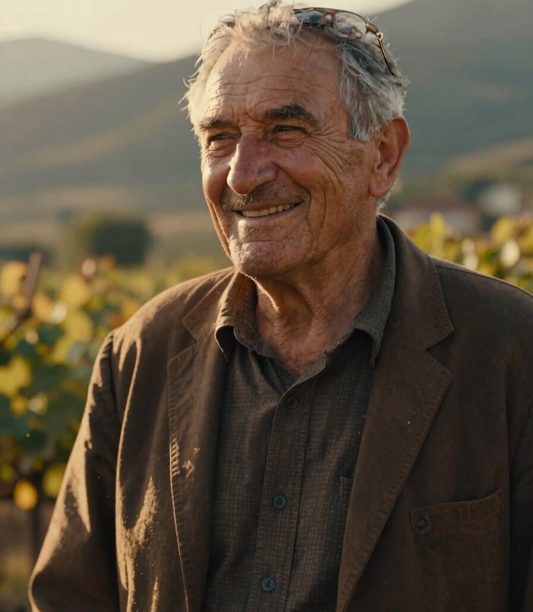 Cinematic portrait of an elderly Georgian winemaker smiling warmly, sun-drenched golden hour lighting, shallow depth of field, 35mm film aesthetic