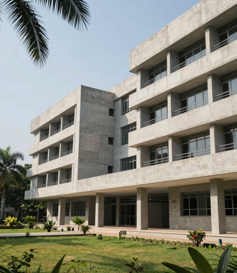Wide architectural shot of the modern campus library at a premier private university in Coimbatore, sunlit concrete facades, tropical greenery, clean geometric lines.