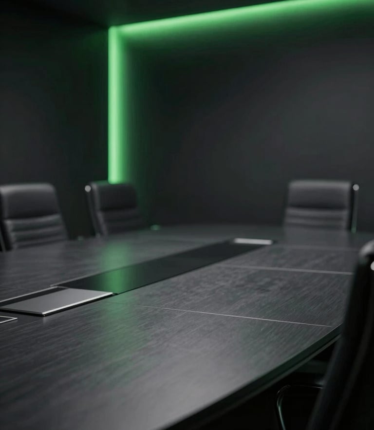 Close-up of a dark, empty executive boardroom, dramatic chiaroscuro lighting, sharp green neon accent lines along the wall, deep graphite tones, highly confidential atmosphere