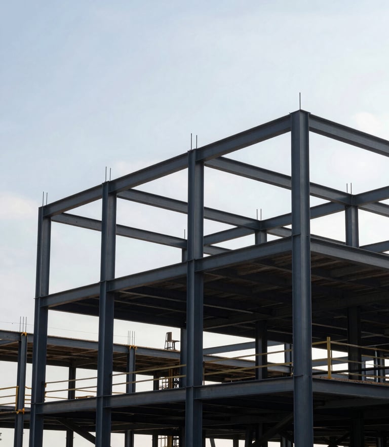 Crisp wide-angle architectural photograph of active commercial construction site, structural steel framing rising against a cool overcast morning sky, high-contrast structural details, deep slate and steel tones.
