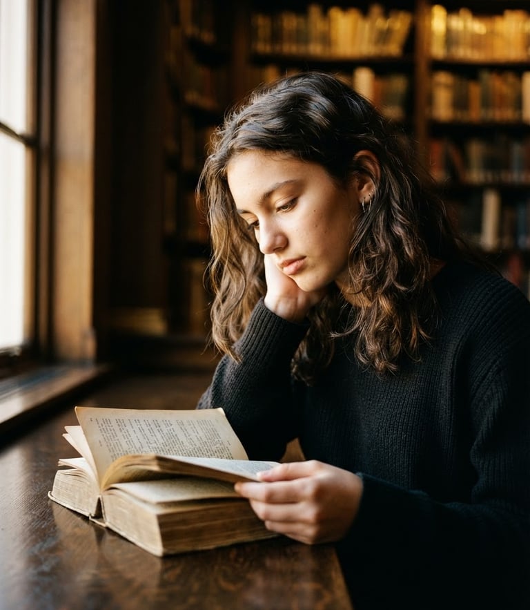 A close-up portrait of an older teen looking down thoughtfully at a book in a sunlit library, soft natural side-lighting, high-contrast shadows, warm gold tones