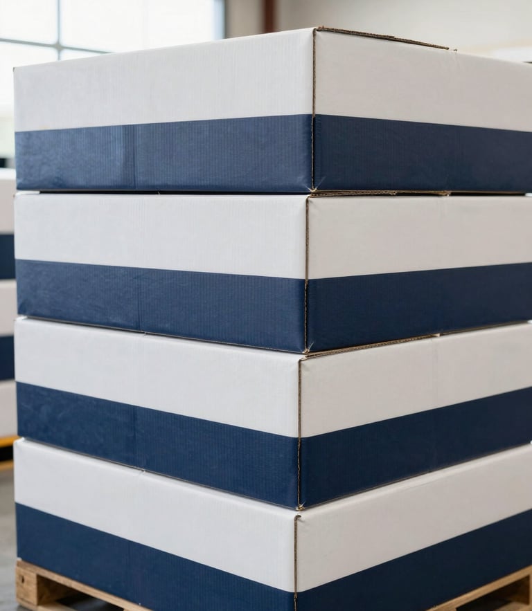 Crisp professional photography of organized cardboard packaging stacked in a bright, clean Gainesville logistics center, natural daylight, 35mm