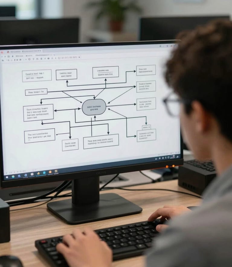 Over-the-shoulder shot of a student analyzing a complex system diagram on a dual-monitor setup in a cool-toned daylight office, focused workspace environment, natural lighting.