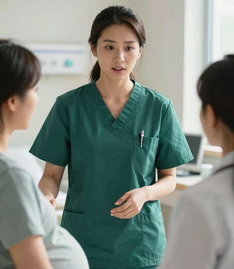 A reassuring female doctor in a deep forest green uniform speaking with a patient in a sunlit maternity room, soft natural light, medium shot focusing on empathetic connection, clean clinical background.