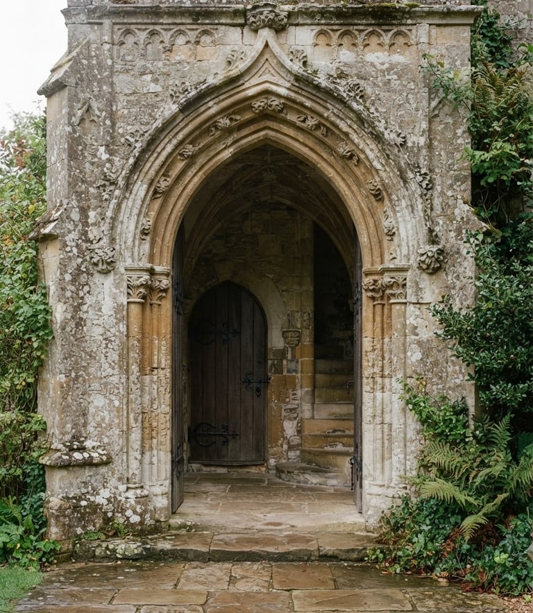 Architectural detail of historic stone masonry archway, soft overcast British daylight, muted stone and green tones, 35mm film