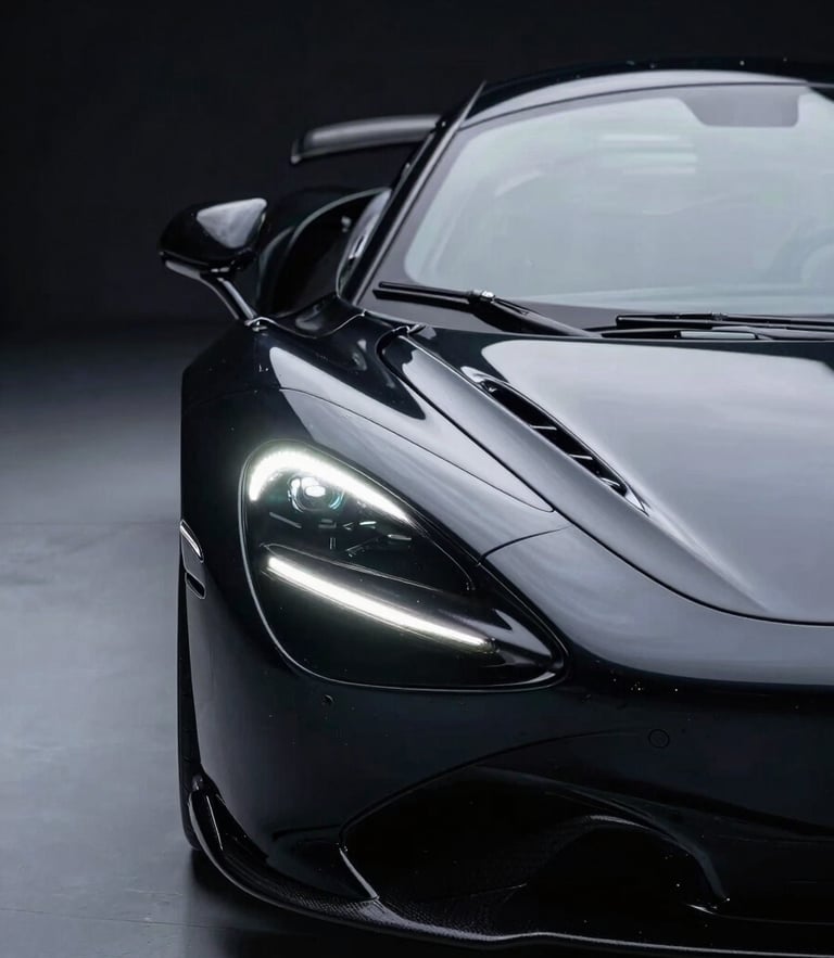 Sleek exotic sports car with deep black paint reflecting sharp LED light bars in a dust-free studio, high-contrast, macro focus, 35mm lens