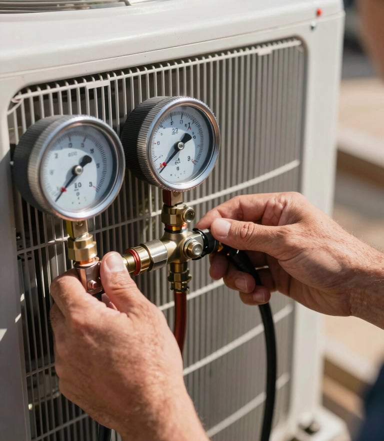 Close-up of a technician's hands in bright Texas sunlight adjusting manifold gauges connected to a residential condenser unit, focused and highly technical.