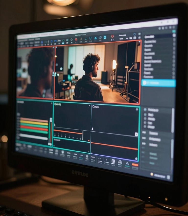 Close-up of a professional production monitor showing live cinematic footage of a creator in a low-light studio, technical UI overlays, amber key light.