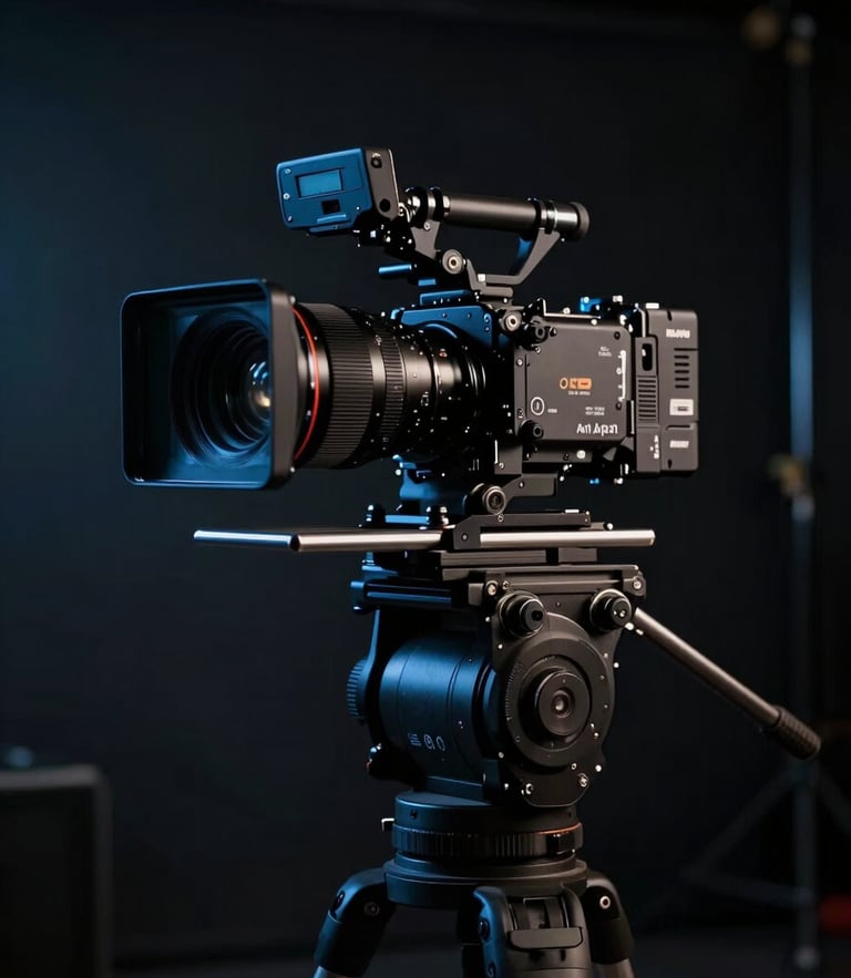 Low-key high-contrast cinematic shot of a high-end camera rig on a dark studio set, cold blue key light cutting through the shadows, anamorphic framing.