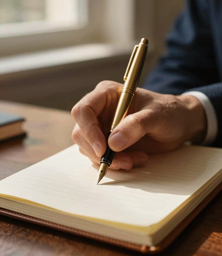 Close-up of hands writing with a gold fountain pen in a leather notebook on a dark oak desk, warm afternoon daylight, shallow depth of field, 35mm