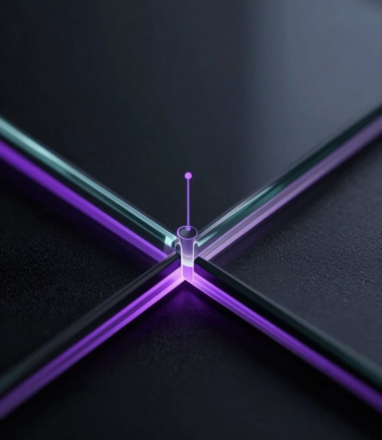 Macro close-up of a dark glass interface with thin glowing violet edge-lines, showing structured data nodes routing information cleanly, low-key moody studio lighting.