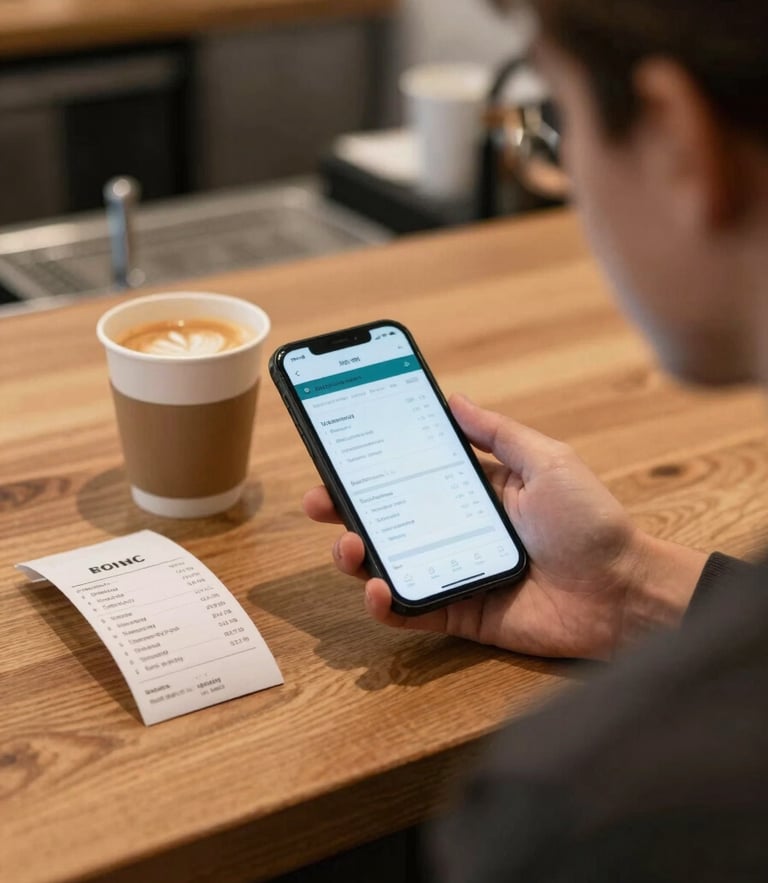 Over-the-shoulder shot of a café owner at a wooden counter, holding a smartphone displaying a clean financial app next to a coffee cup and a small stack of paper receipts, daylight-flooded.