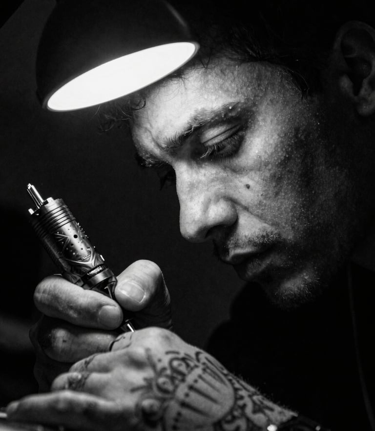 Extreme close-up of a tattoo artist focusing intensely under a sharp directional studio lamp, high-contrast black and white, dramatic chiaroscuro lighting, 35mm film grain