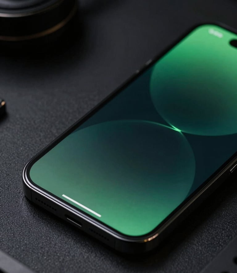 Extreme close-up of a high-fidelity mobile UI mockup glowing on a dark smartphone screen, subtle green rim light reflecting off the glass edge, dark technical studio background.