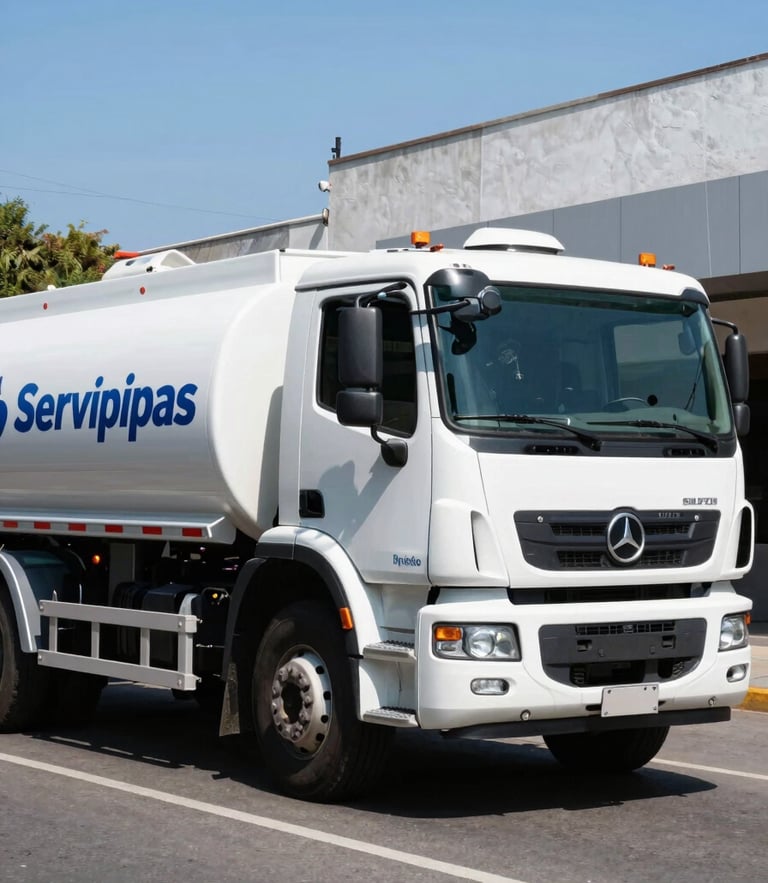 Crisp industrial photography of a clean white water truck with Servipipas branding navigating a modern street in Guadalajara under bright midday sun, high contrast