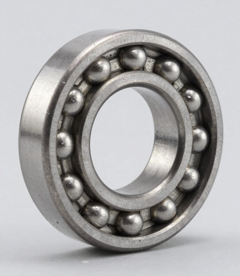 Macro high-contrast shot of a pristine steel bearing, sharp metallic reflections, industrial gray background, clean studio lighting