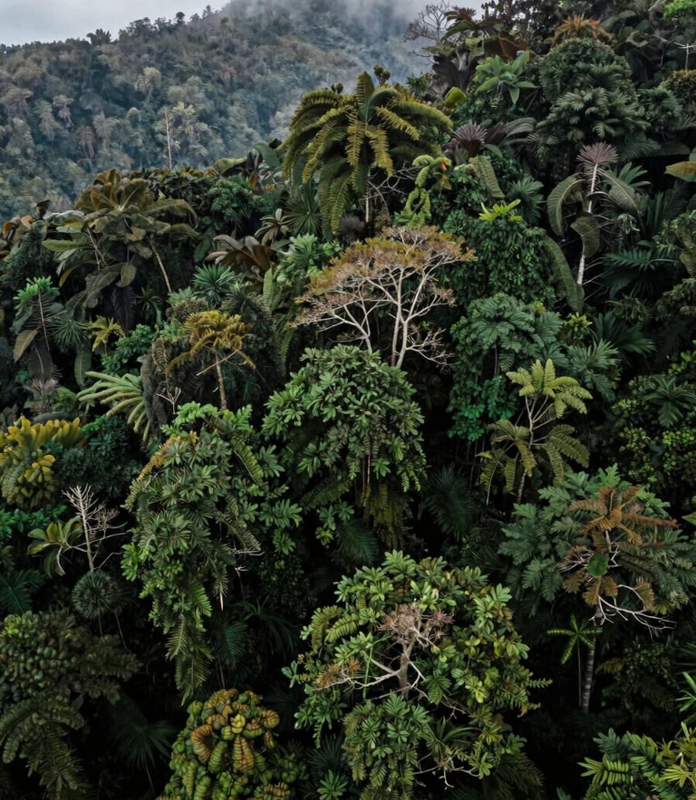 Aerial drone photography of an untouched temperate rainforest canopy, overcast natural daylight, deep saturated greens, misty atmosphere, high editorial contrast