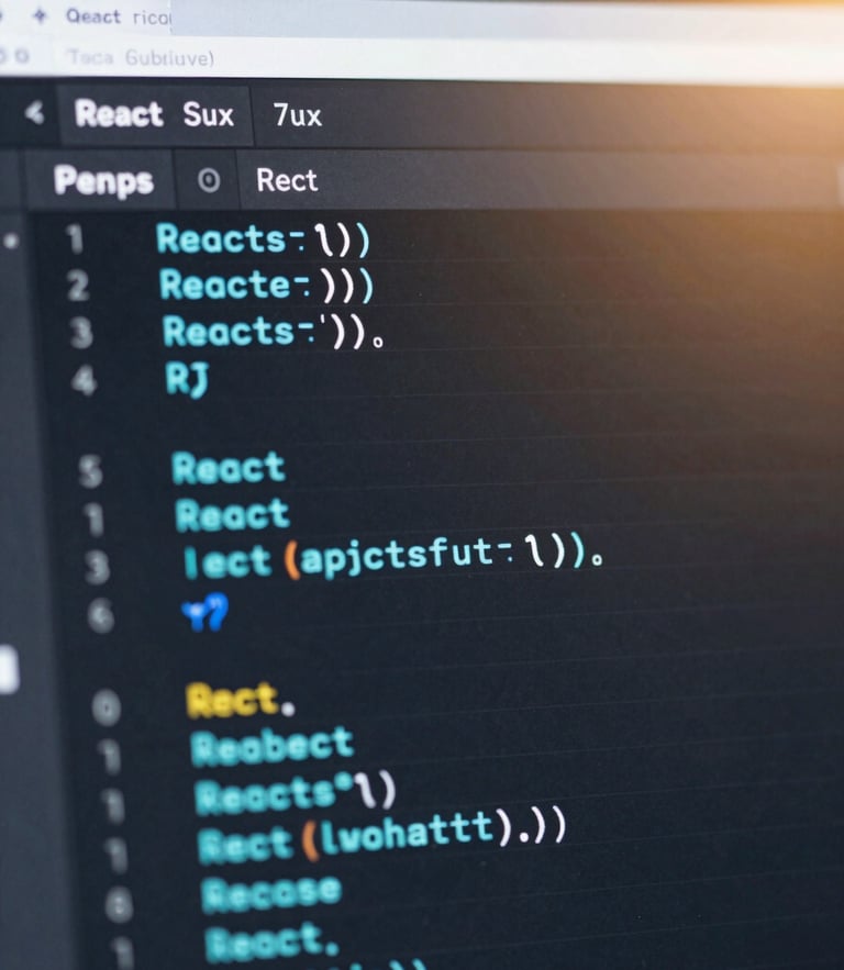 Macro shot of a dark mode development IDE with clean React code, glowing cyan syntax highlighting, soft ambient background light