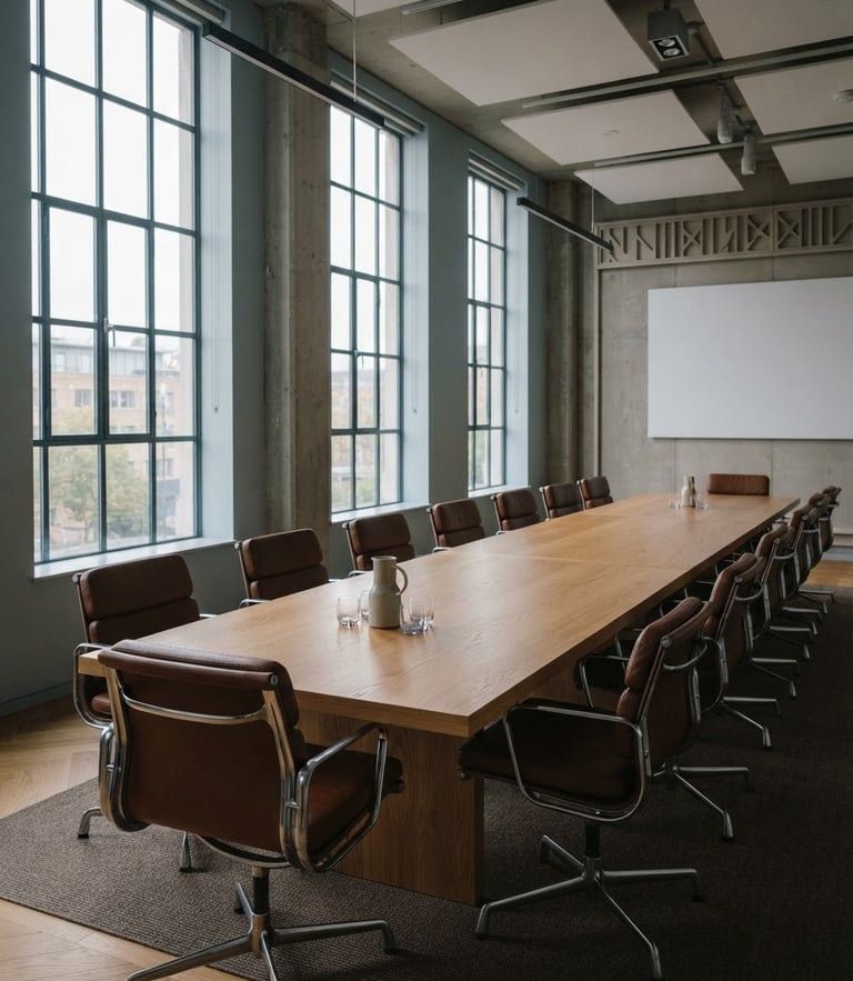 Quiet, architectural boardroom with natural overcast light filtering through tall steel-framed windows, empty leather chairs, warm oak table, professional editorial documentary style.