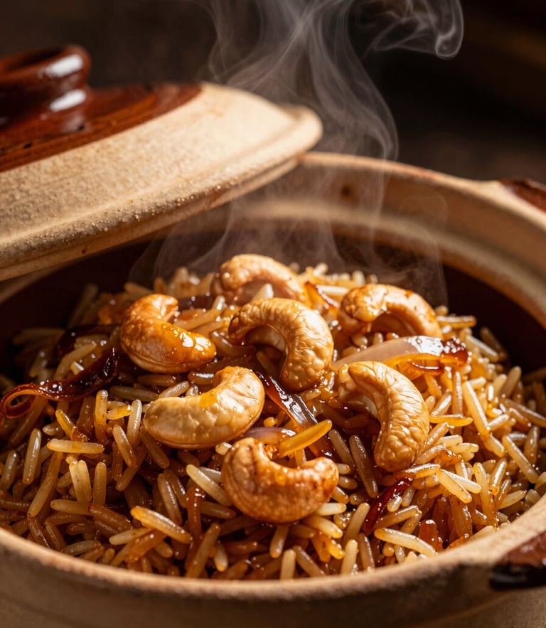 Extreme close-up of steam rising from a freshly unsealed clay dum pot, revealing glistening golden Kaima rice topped with ghee-roasted cashews and caramelized onions. Dark moody lighting with warm golden-hour side highlights.