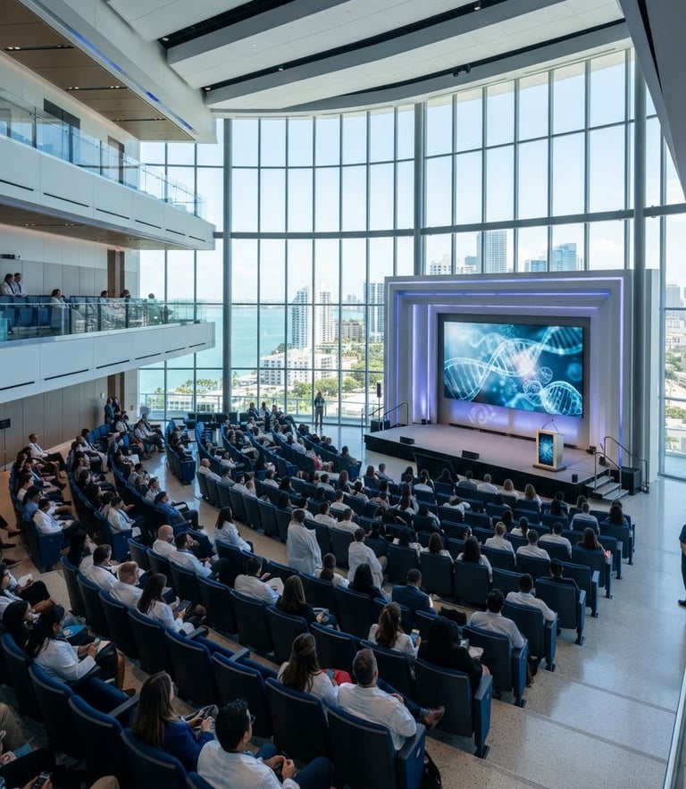 A clean architectural shot of a premium modern medical conference hall in Miami, bright daylight, sophisticated clinical blue tones, 35mm