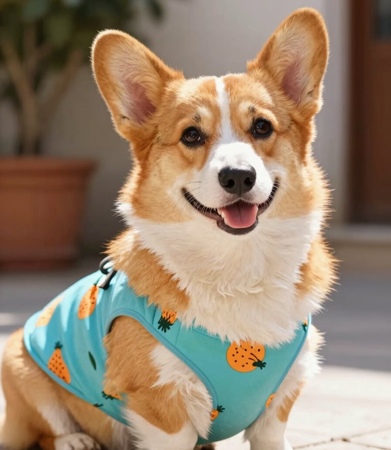 Un alegre perrito Corgi sonriendo a la cámara usando una colorida camisa playera con estampado de sandías, luz natural brillante de Celaya, fondo de jardín soleado.