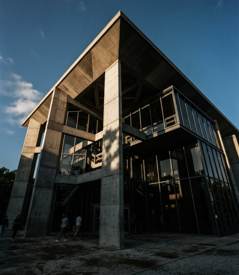 Dramatic low-angle architectural photograph of a modern concrete and glass pavilion, sharp shadow play, late-afternoon sun, 35mm film